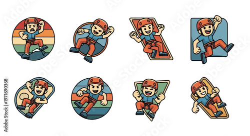 Cartoon illustrations of a person climbing with dynamic poses and various geometric backgrounds