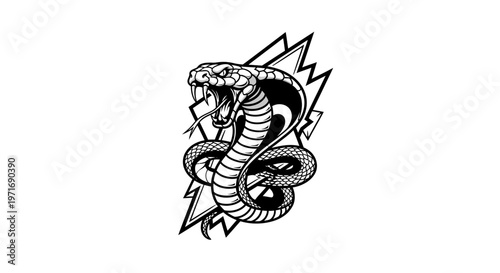 Striking monochrome illustration of an aggressive cobra snake with artistic design
