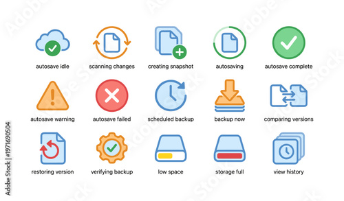 Collection of data backup and autosave icons in various colors and styles
