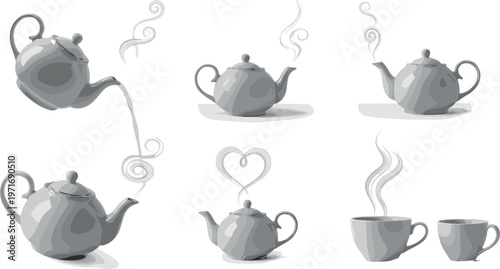 Gray Teapot and Steam Vector Set Featuring Various Poses, Steam Shapes, and Tea Cup Designs for Tea and Beverage Illustrations