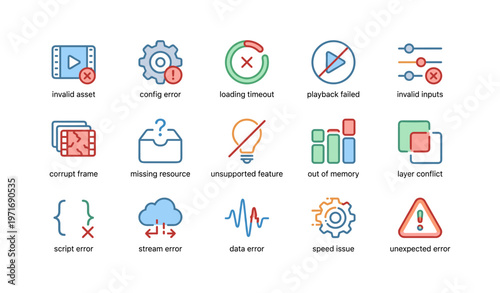 Common software error icons displaying various technical issues