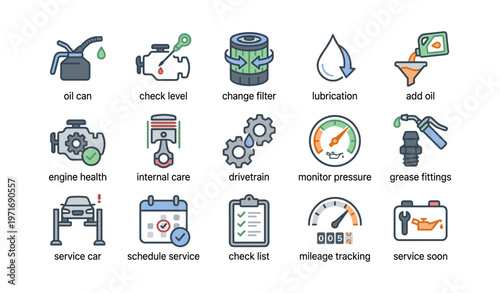 Car maintenance icons set: oil change, engine health, mileage tracking, service schedule, lubrication