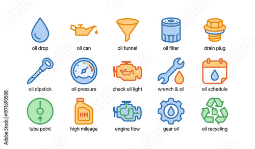Colorful icons of oil maintenance tools and symbols for automotive care