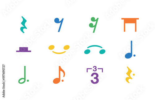 Collection of colorful musical notation symbols and rests on a white background