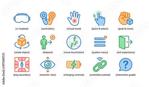 Virtual interface icons: headset, controllers, hand gestures, and more