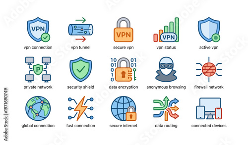 Vpn security icons: encryption, shield, network, connection, device symbols