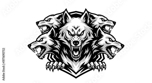 Stylized illustration of a fierce wolf head with multiple wolves vector design