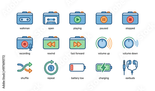 Walkman icons: play, pause, record, shuffle, earbuds, charging, battery status, volume control