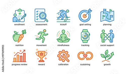 Illustrated icons depicting health goals and progress tracking elements