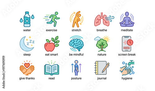 Icons depicting healthy lifestyle habits including exercise, meditation, and nutrition