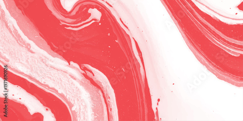 abstract red and white liquid marble background, fluid acrylic pour texture with wavy swirls