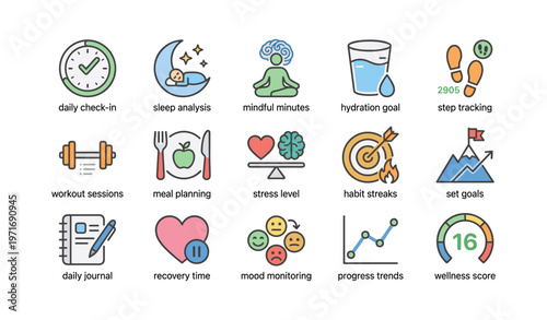 Wellness tracker icons: sleep, mindfulness, exercise, nutrition, mood