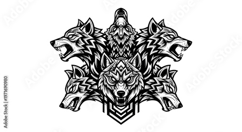 Stylized wolf illustration in black and white with geometric patterns
