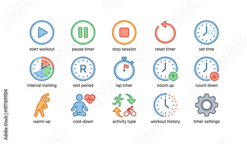 Icon set for fitness timer and workout management tools