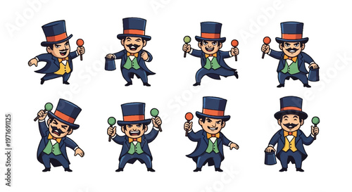 Cartoon magician in various poses with magic wand and top hat