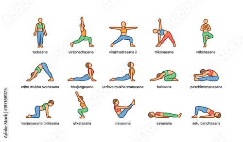 Illustrated yoga poses featuring various asanas in vibrant colors