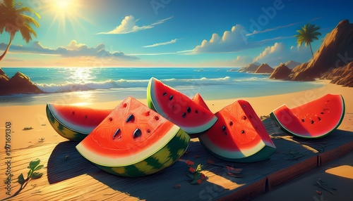sunlit beach scene with fresh watermelon slices