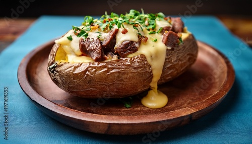 a piping hot decadent baked potato overflowing with melted cheese and savory steak chunks