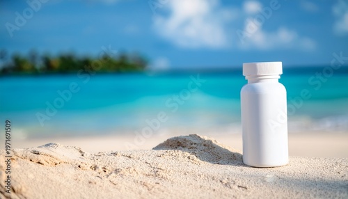 on the left side of the image is a white pill bottle without labels the tube remains on the sand a washed out maldives beach in the background a mock up