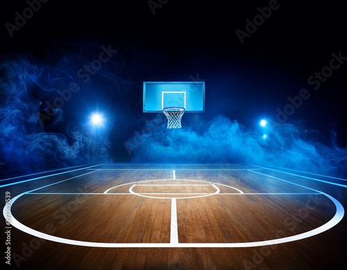 a basketball court with a blue smokey haze in the background