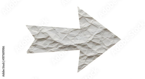 Crumpled white paper arrow pointing right on clean background