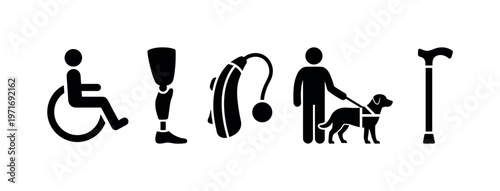 Wheelchair accessibility symbol, prosthetic leg silhouette, hearing aid device icon, guide dog standing beside person, walking