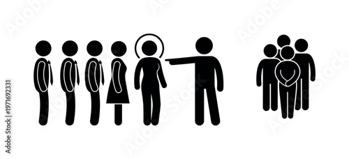 Candidate lineup standing side by side, recruiter pointing at selected person, group of applicants waiting, highlighted chosen