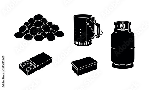 Charcoal briquettes pile, barbecue coal starter chimney, gas cylinder tank for grill, fire lighter cubes pack, wood chips smoking