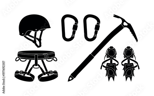 Climbing helmets protective gear, mountaineering harness with loops, carabiners metal clips, ice axe climbing tool, crampons spike