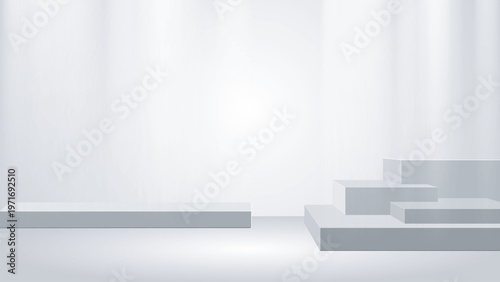 White minimalist 3D studio background with podium and stairs vector