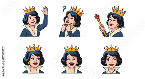Cartoon queen emoticons set various facial expressions isolated white