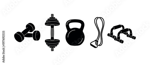 Dumbbell pair, adjustable barbell with weight plates, kettlebell weight, resistance band loop, push-up handles bars, bold black
