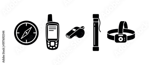 Emergency compasses with dial, handheld GPS navigator device, signal whistle tool, emergency flare stick, headlamp flashlight gear
