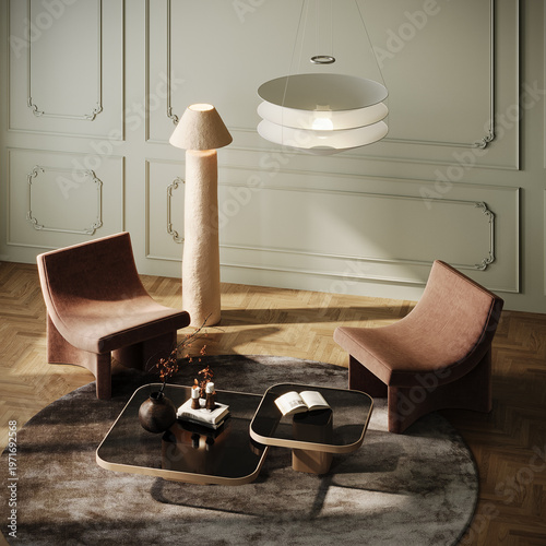 Modern interior design. Living room. Contemporary home interior. 3D Rendering, 3D Illustration