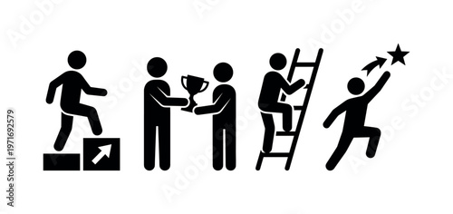 Employee promotion figure stepping upward, worker receiving award trophy, person climbing career ladder, professional growth