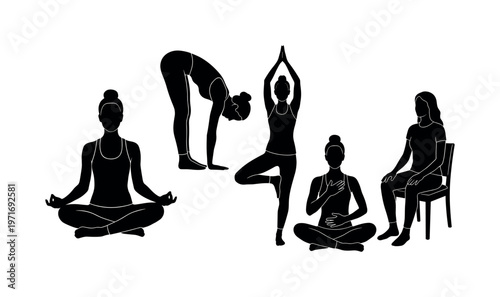 Employee meditating in seated pose, worker performing yoga stretch, person balancing on one leg exercise, individual practicing