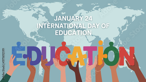 Hands holding education letters up high.