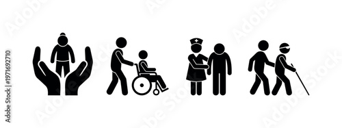 Helping hands gently holding elderly person figure, caregiver assisting wheelchair user, nurse supporting patient arm, volunteer