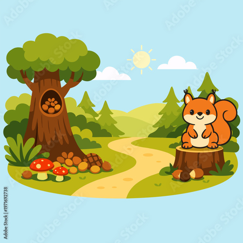 Cute squirrel in forest with nuts cartoon animal vector illustration. Adorable squirrel character collecting food in woodland scene, kids cartoon illustration.