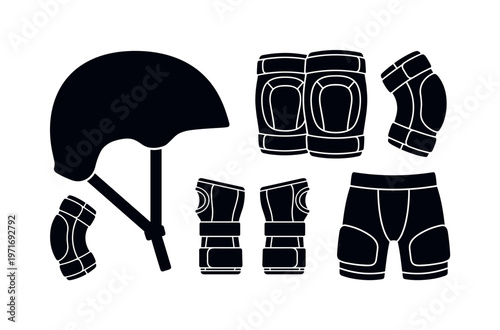 Ice skating helmet protective gear, padded knee guards pair, elbow pads skating protection, wrist guards support gear, impact