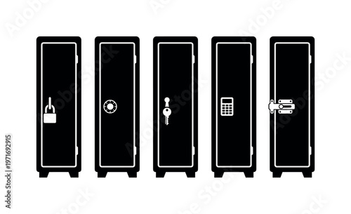 Locker with padlock on handle, locker secured with combination lock, locker with key lock inserted, locker door with digital