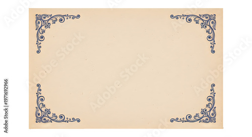 Vintage beige paper with elegant blue floral designs in corners