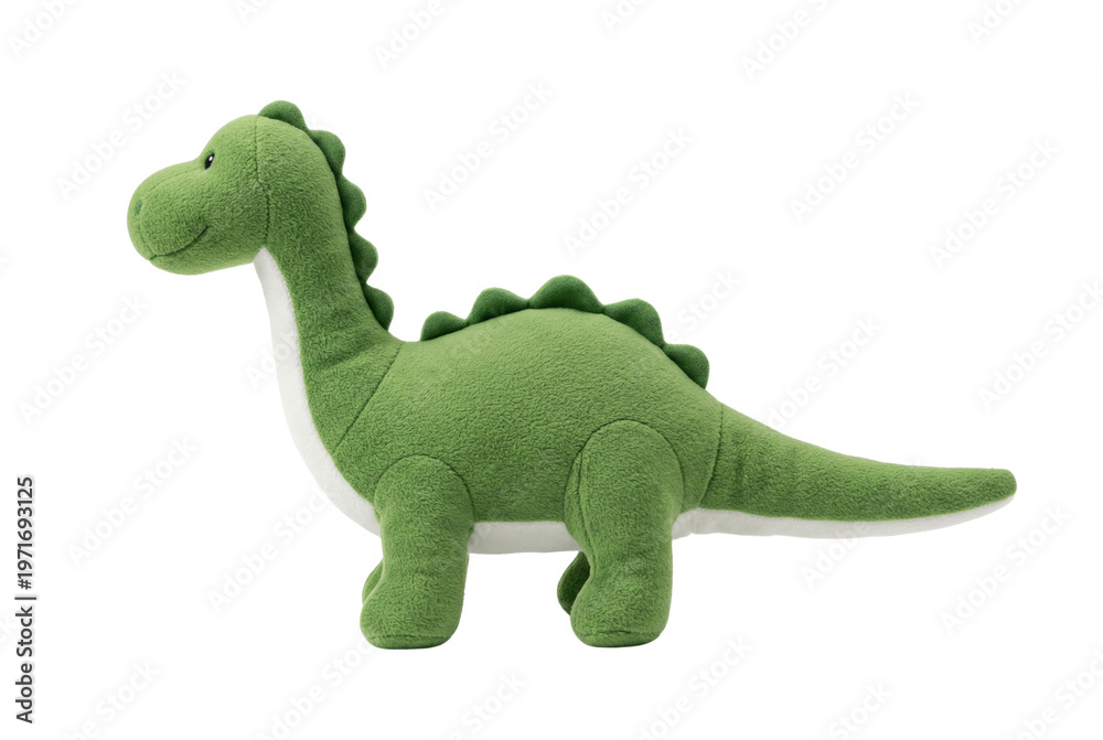 Fototapeta premium Green plush dinosaur toy side view isolated. Soft animal doll mockup.