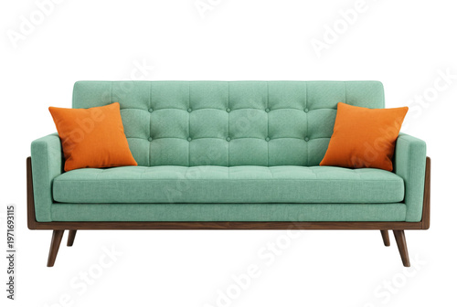 Canvas Print Green fabric sofa with orange pillows isolated
