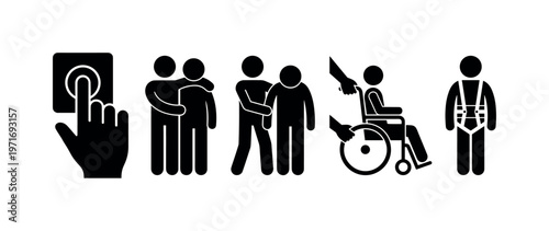 Hand pressing emergency assistance button, person receiving help from another, caregiver supporting standing person, hands lifting