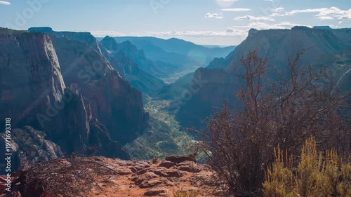 wide-angle view of the dramatic Zion Canyon as seen from the popular Observation Point, accessed via the East Mesa Trail in Zion National Park, Utah. The image captures the immense scale of the canyon