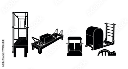 Reformer pilates machine with sliding carriage, cadillac tower frame apparatus, pilates chair equipment, ladder barrel curved