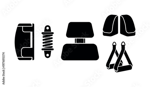 Pilates reformer footbar detail, carriage spring mechanism, adjustable headrest platform, shoulder block supports, pulley strap