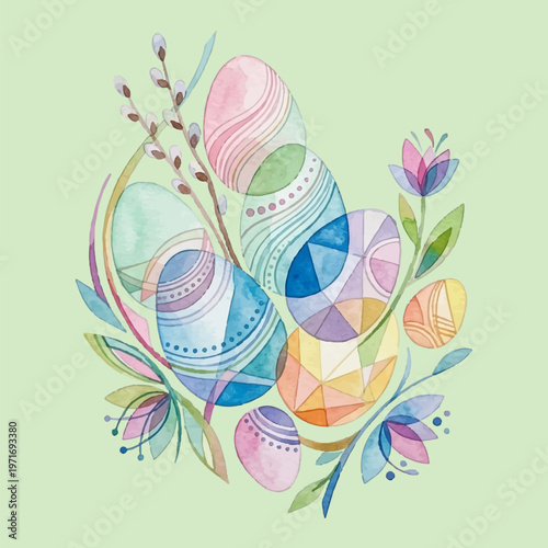 Creative watercolor Easter composition with abstract patterned eggs and pussy willow branches. Artistic holiday design perfect for modern greeting cards and spring seasonal promotions.