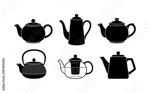 Teapots in different shapes including round teapot, tall teapot, ceramic teapot, cast iron teapot, glass teapot silhouette, bold